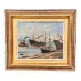 Oil on Canvas “Ships” by Josef Lang, Signed, Vintage & Framed 40×34cm