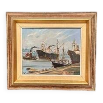 Oil on Canvas “Ships” by Josef Lang, Signed, Vintage & Framed 40×34cm