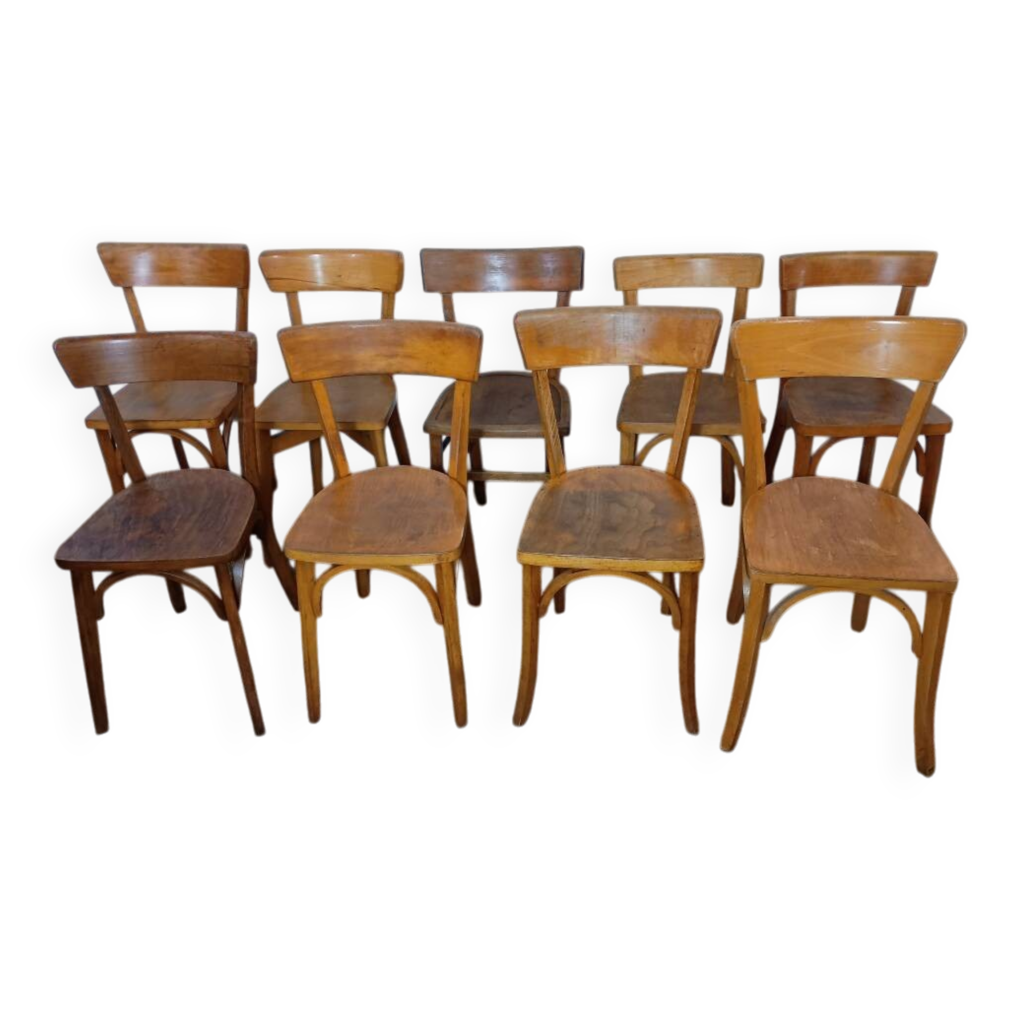 Set of 9 mismatched bistro chairs, 1950s.