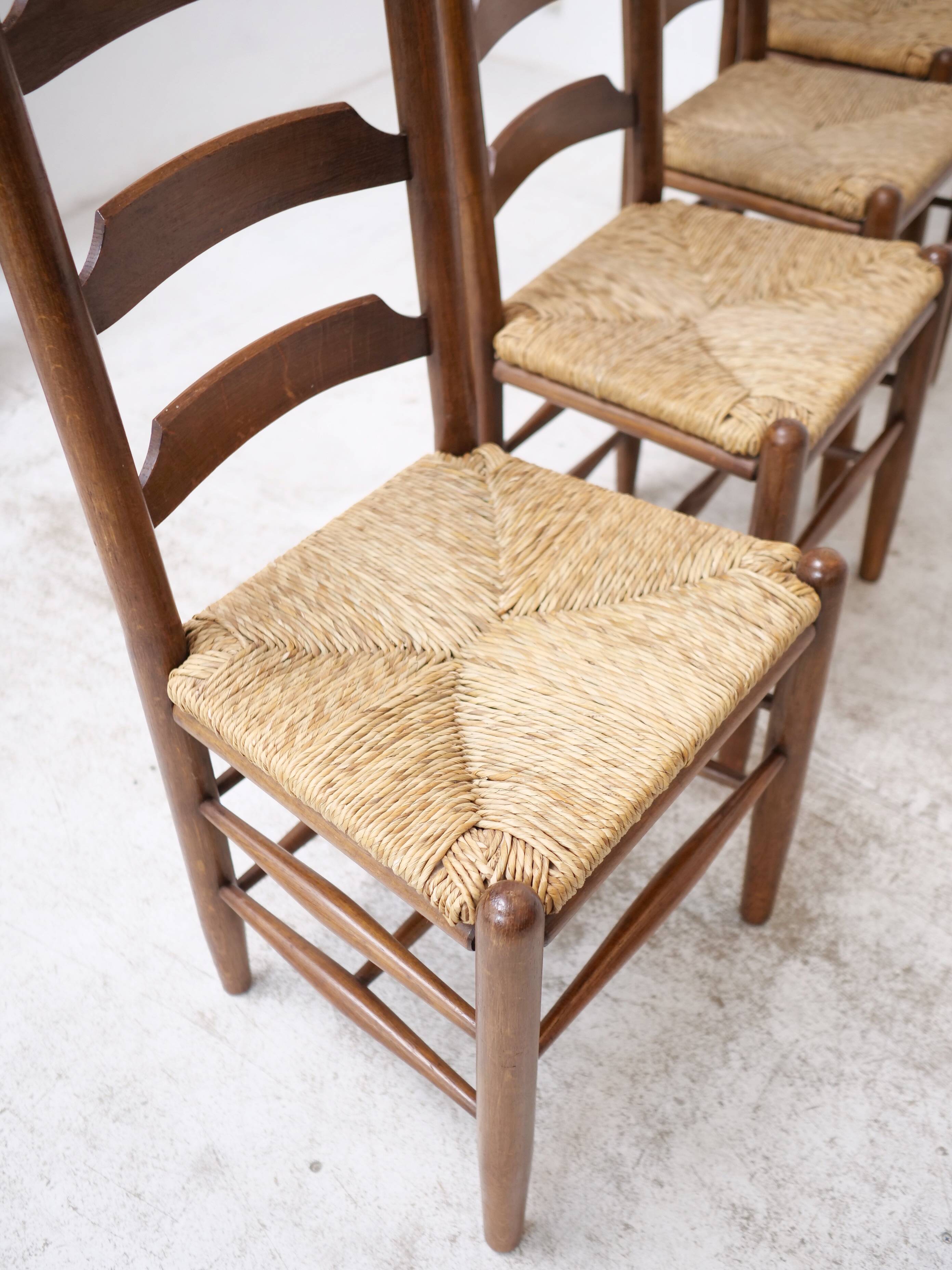 Architectural high-back chairs, straw seat, set of 4.