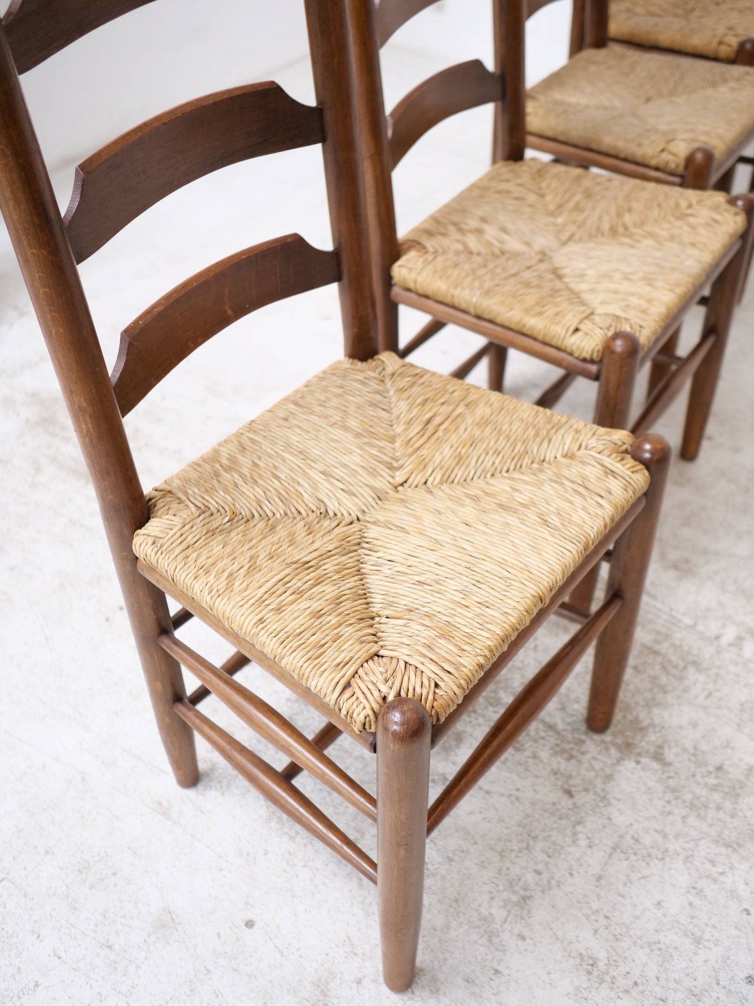 Architectural high-back chairs, straw seat, set of 4.