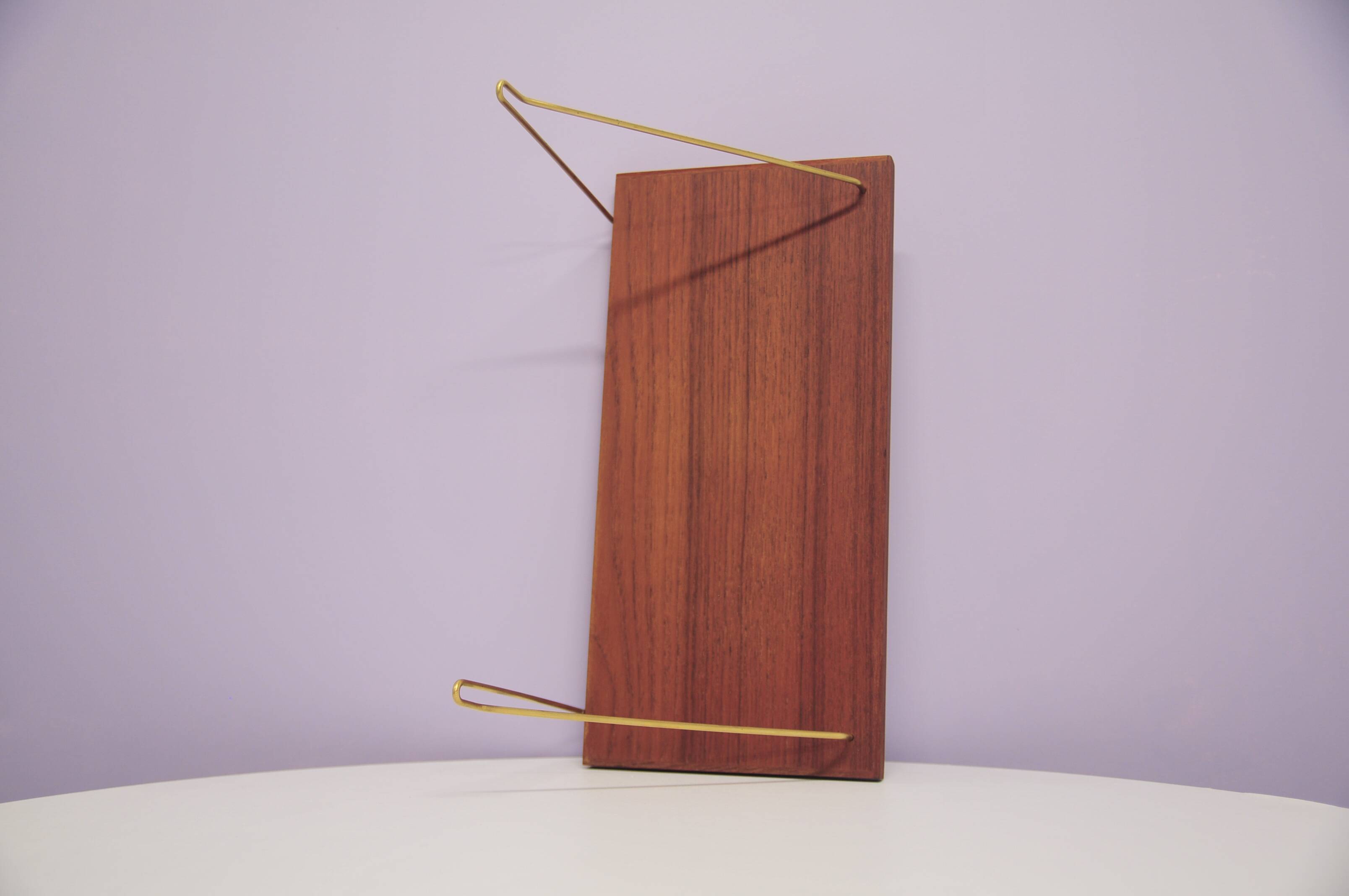 Danish vintage teak wall shelf brass supports
