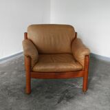 Teak and leather club armchairs