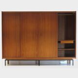 Large vintage mid century teak design wardrobe with sliding doors, 1960s
