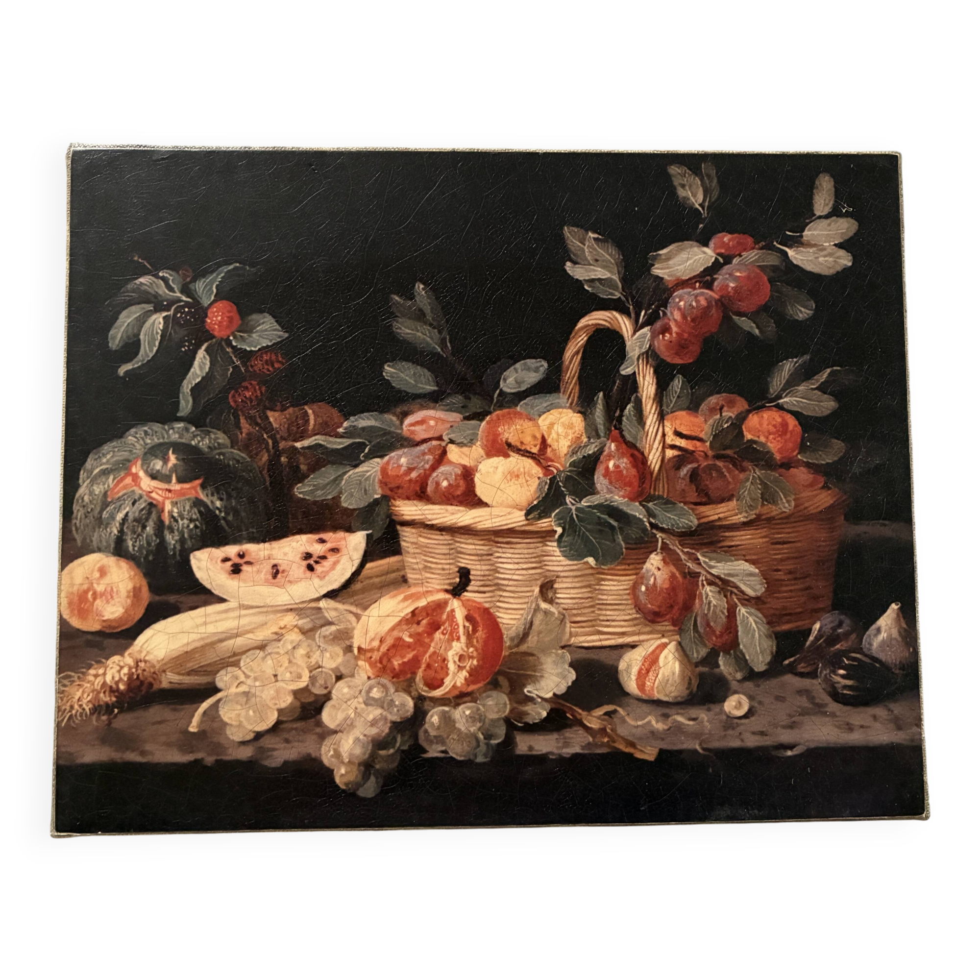 Small still life painting on a black background.