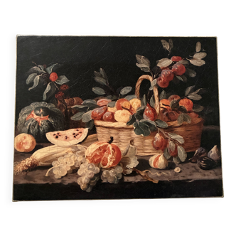 Small still life painting on a black background.