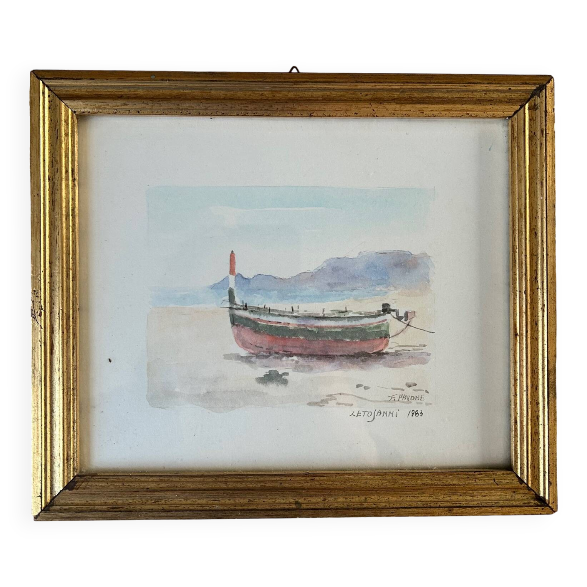 Watercolor, a boat stranded on the sand