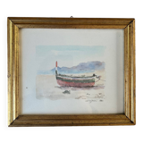 Aquarelle, un bateau échoué sur le sable