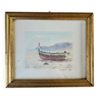 Watercolor, a boat stranded on the sand