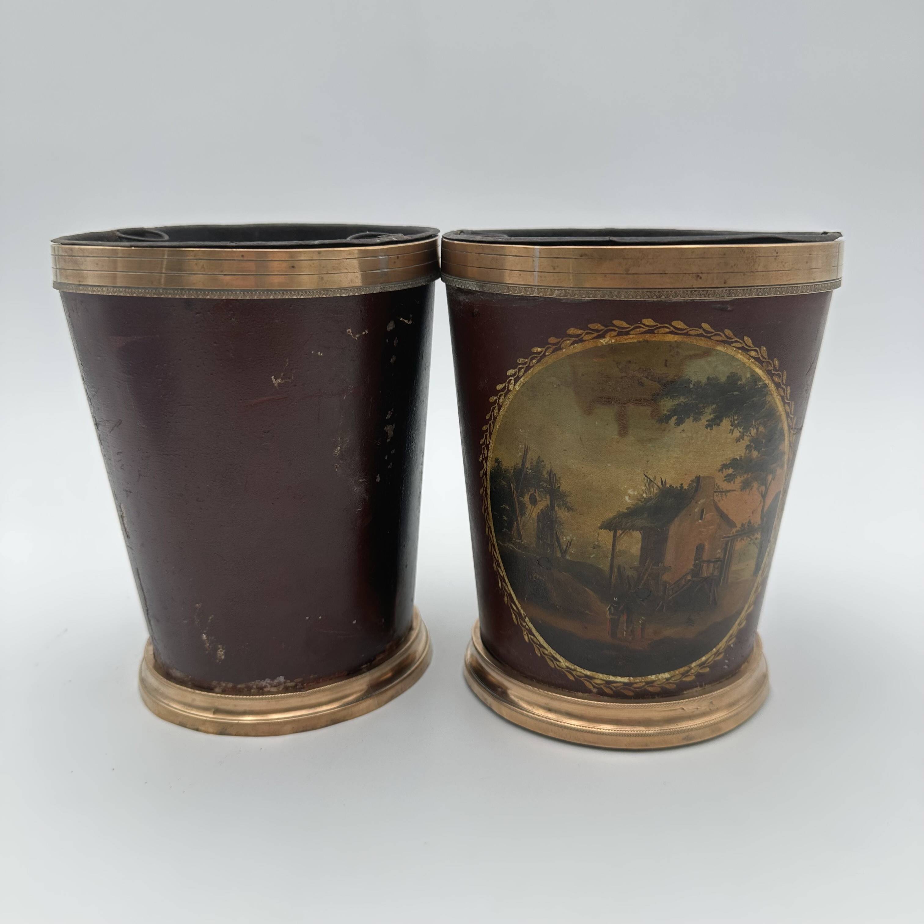 Pair of Painted Tin and Brass Planters, Decorated with Bucolic Landscapes,