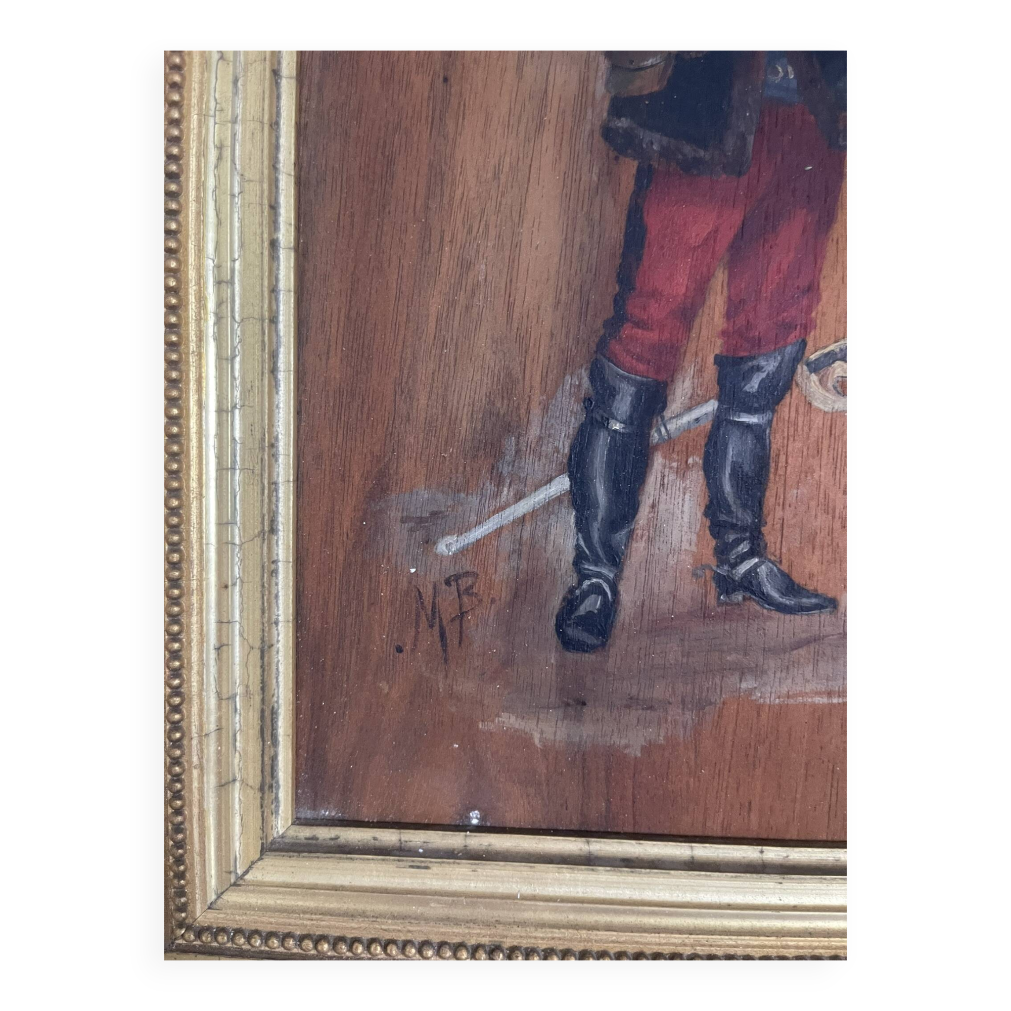 Antique Oil Wood Panel Framed Officer General Staff Hussar Signed 19th Century