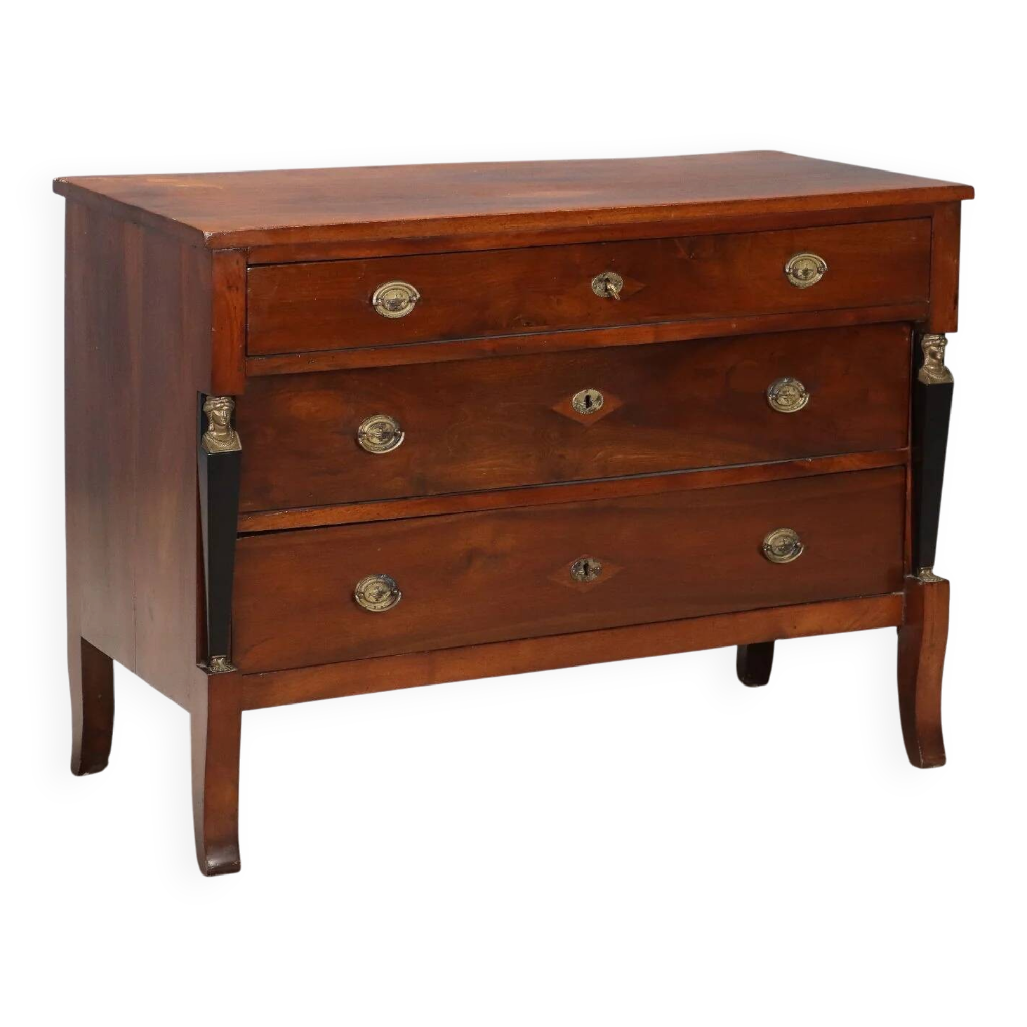 Commode ancienne en noyer 3 tiroirs, Italie XIXe siècle