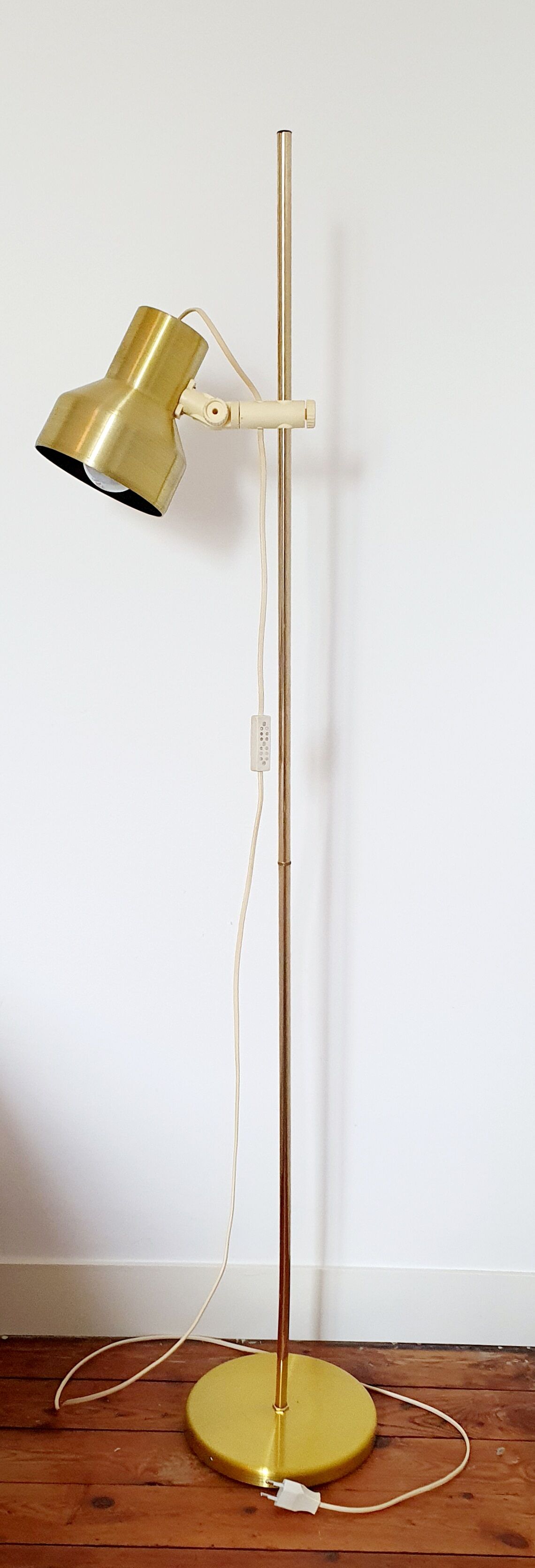 Golden Scandinavian floor lamp, 70s