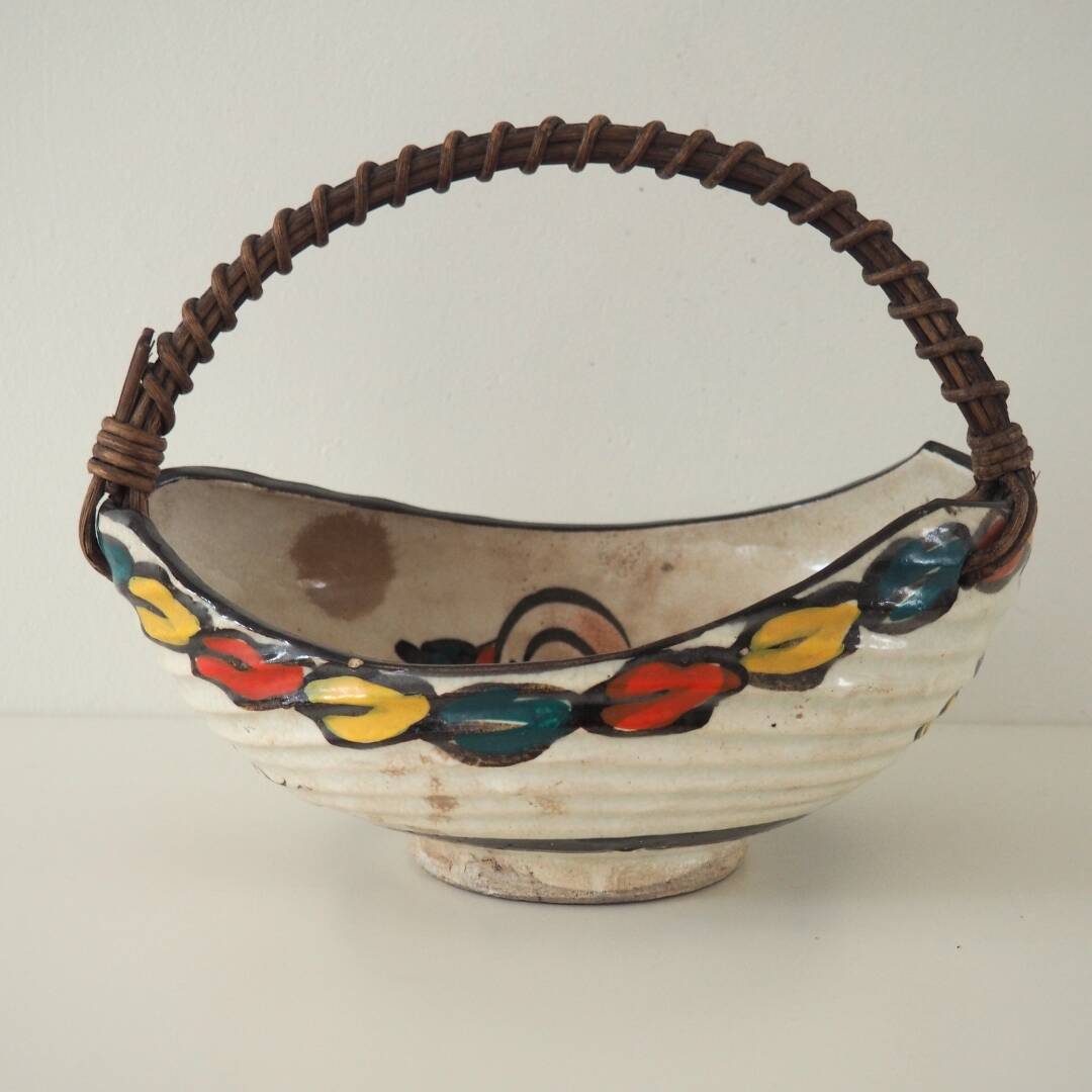 Vintage Artisan Japanese Ceramic Bowl With Woven Handle