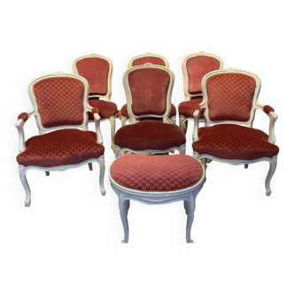 Set of 4 chairs, 2 armchairs and a Louis XV style ottoman