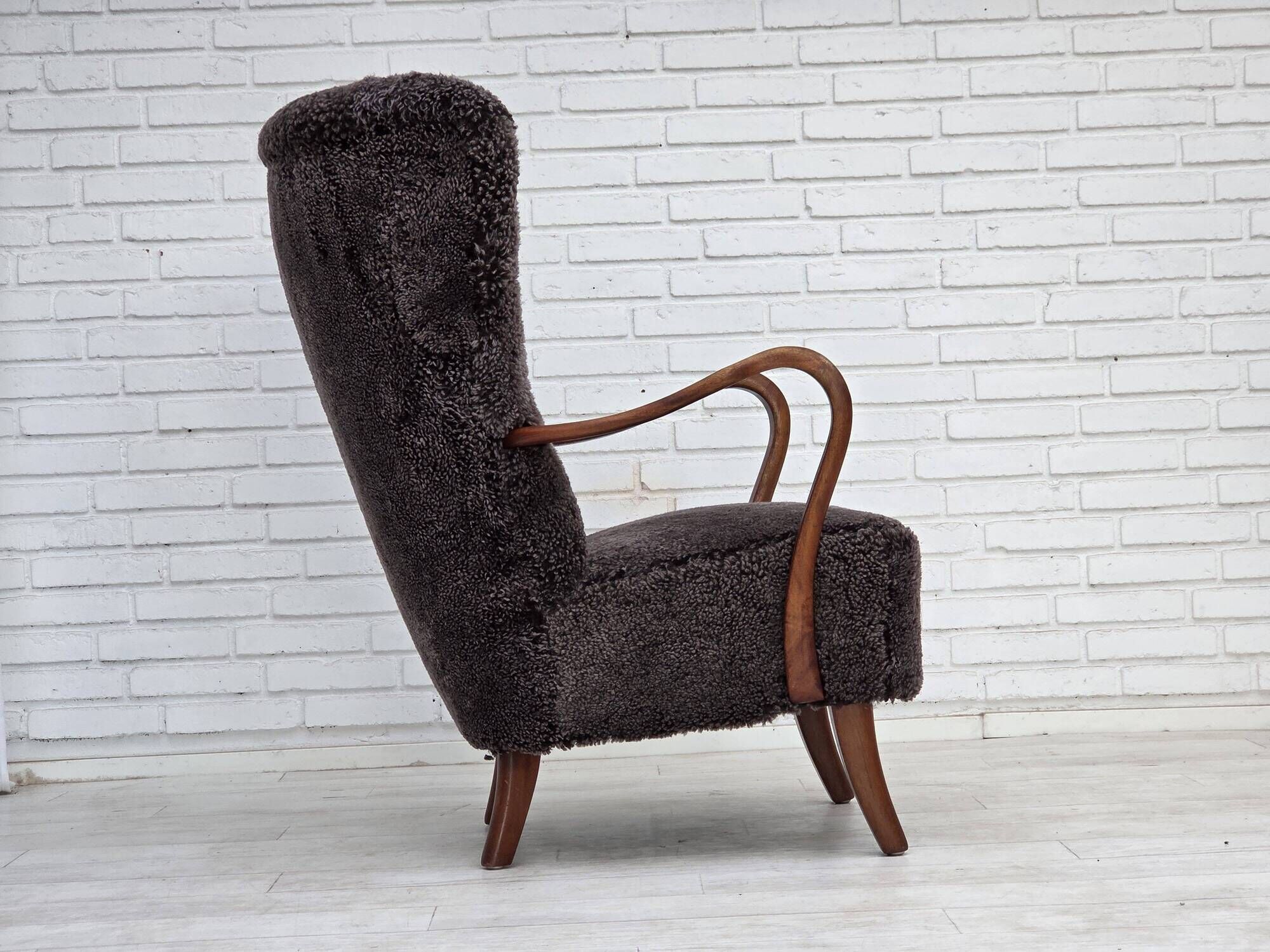1960s, Danish armchair, reupholstered, genuine sheepskin.