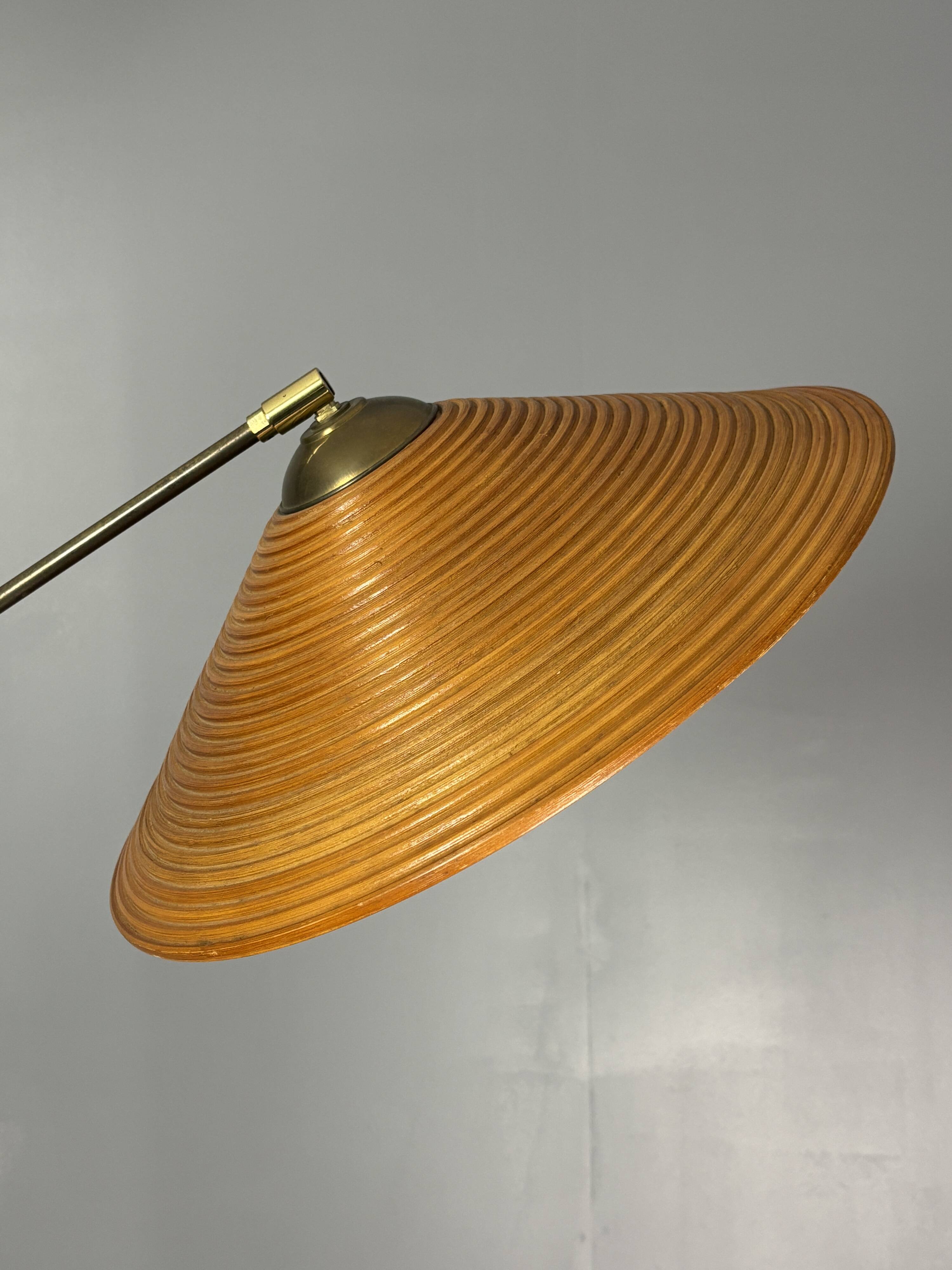 Italian Adjustable Floor Lamp in Pencil Reed Rattan Bamboo and Brass, 1970s