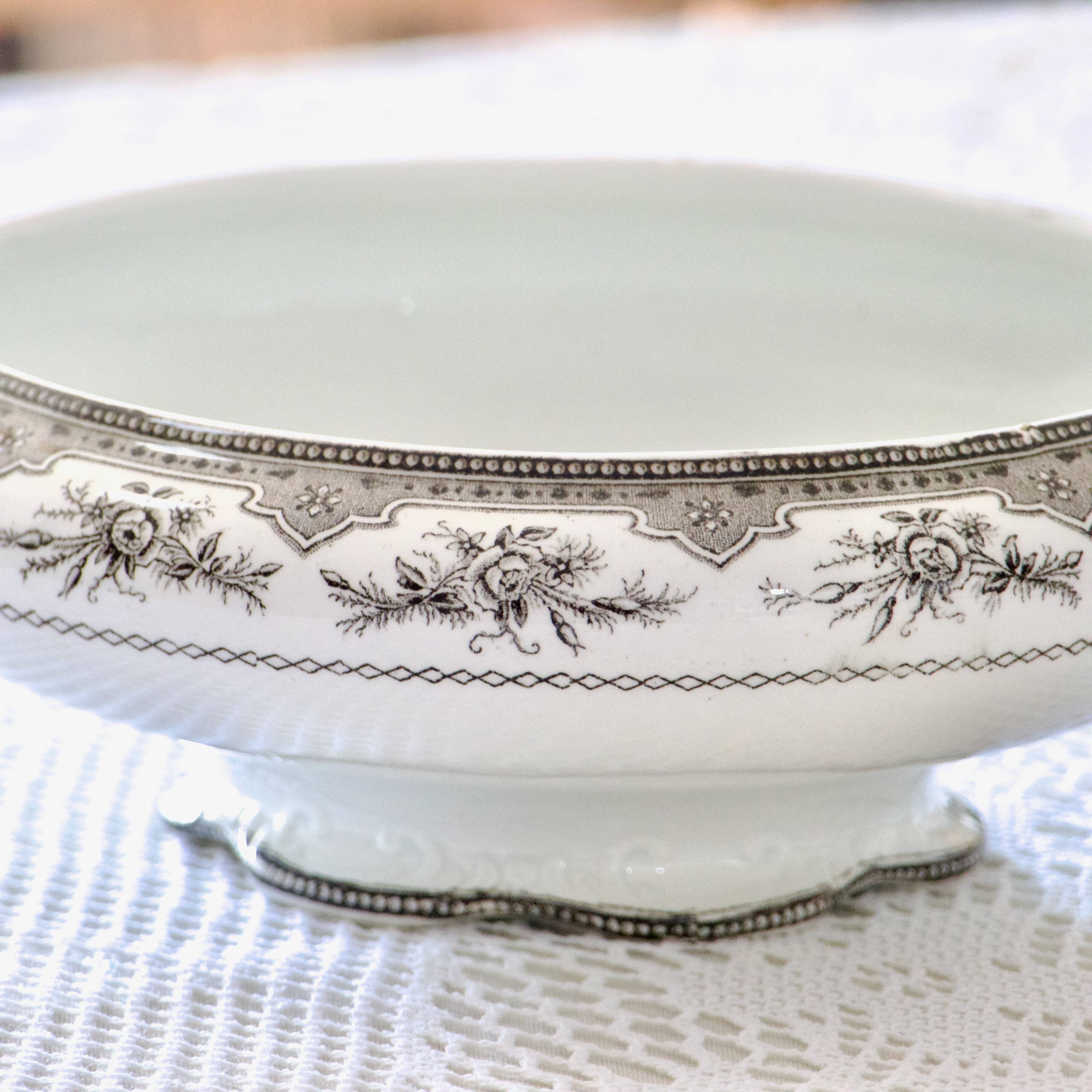 19th century vegetable dish, iron earth Onnaing, sepia, moss roses