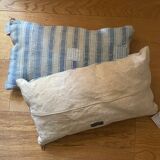 Pair of antique kilim style canvas cushions woven, patched and hand embroidered