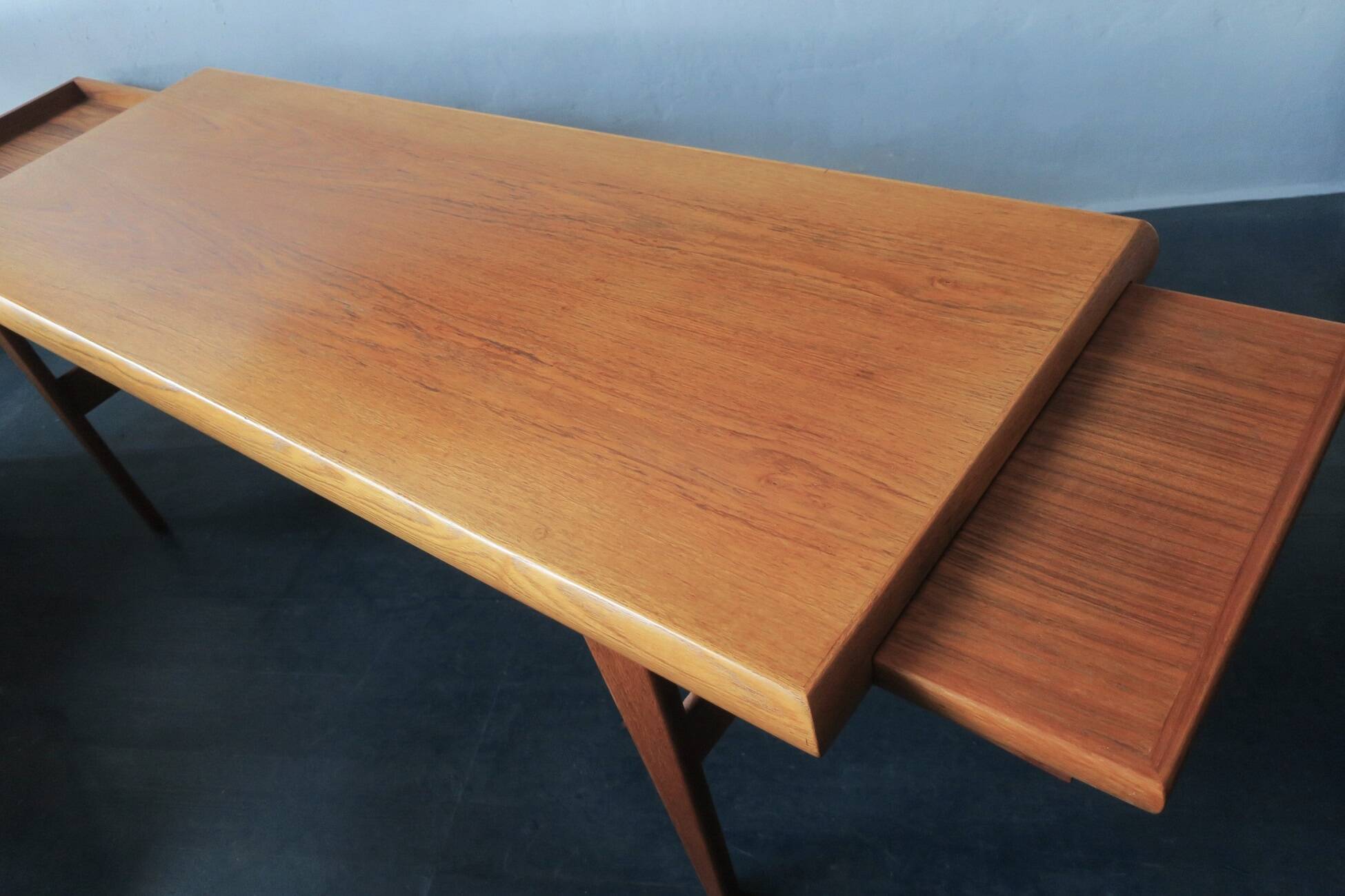 Teak coffee tables and tray by Johannes Andersen for Trioh, Denmark 1960s