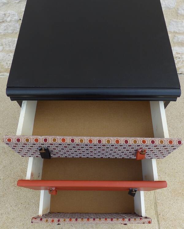 Vintage chest of drawers on wheels with three drawers in faux leather and fabric - Bouto