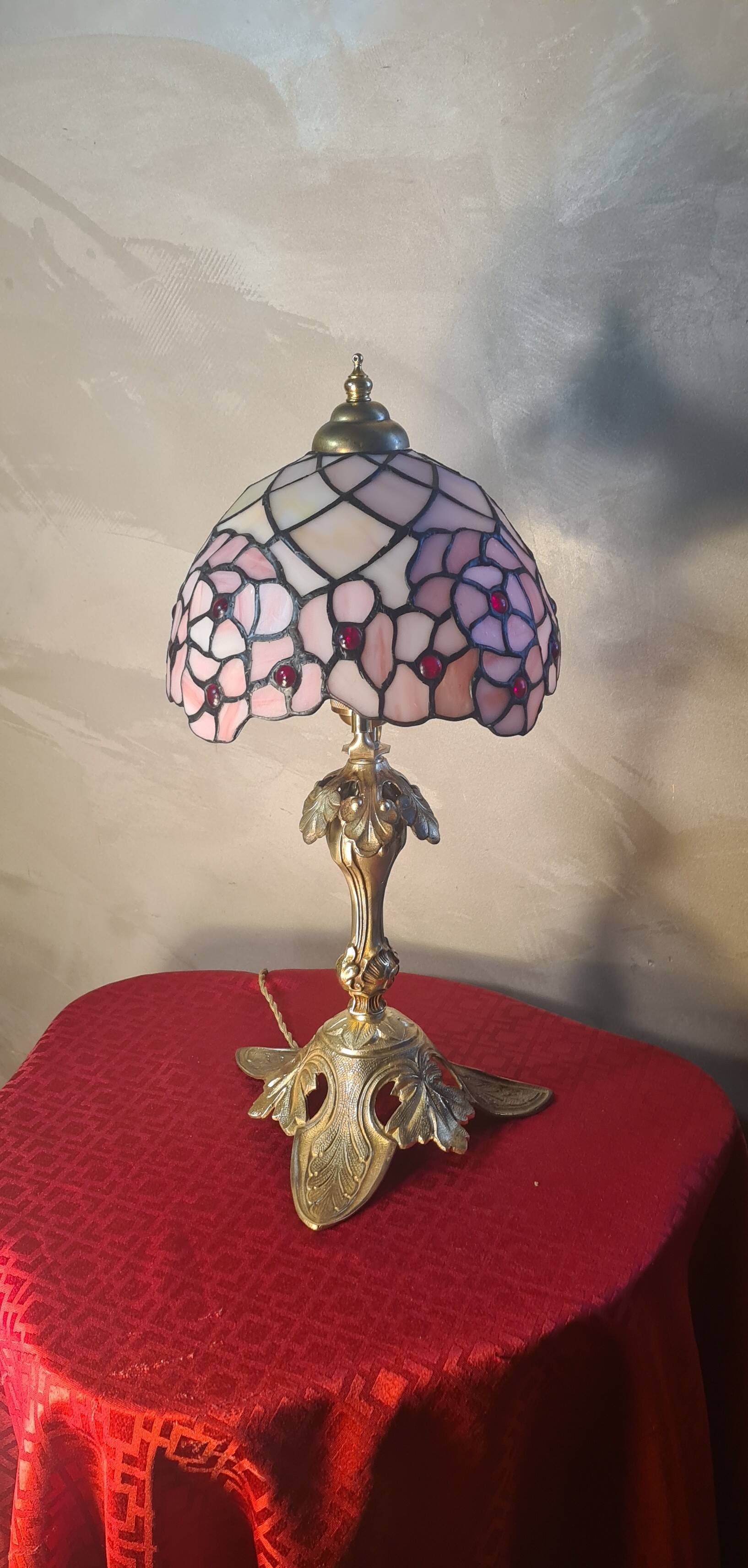 Antique art nouveau bronze lamp with glass shade in tiffany style 44x20