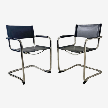 Pair of chrome and black leather chairs