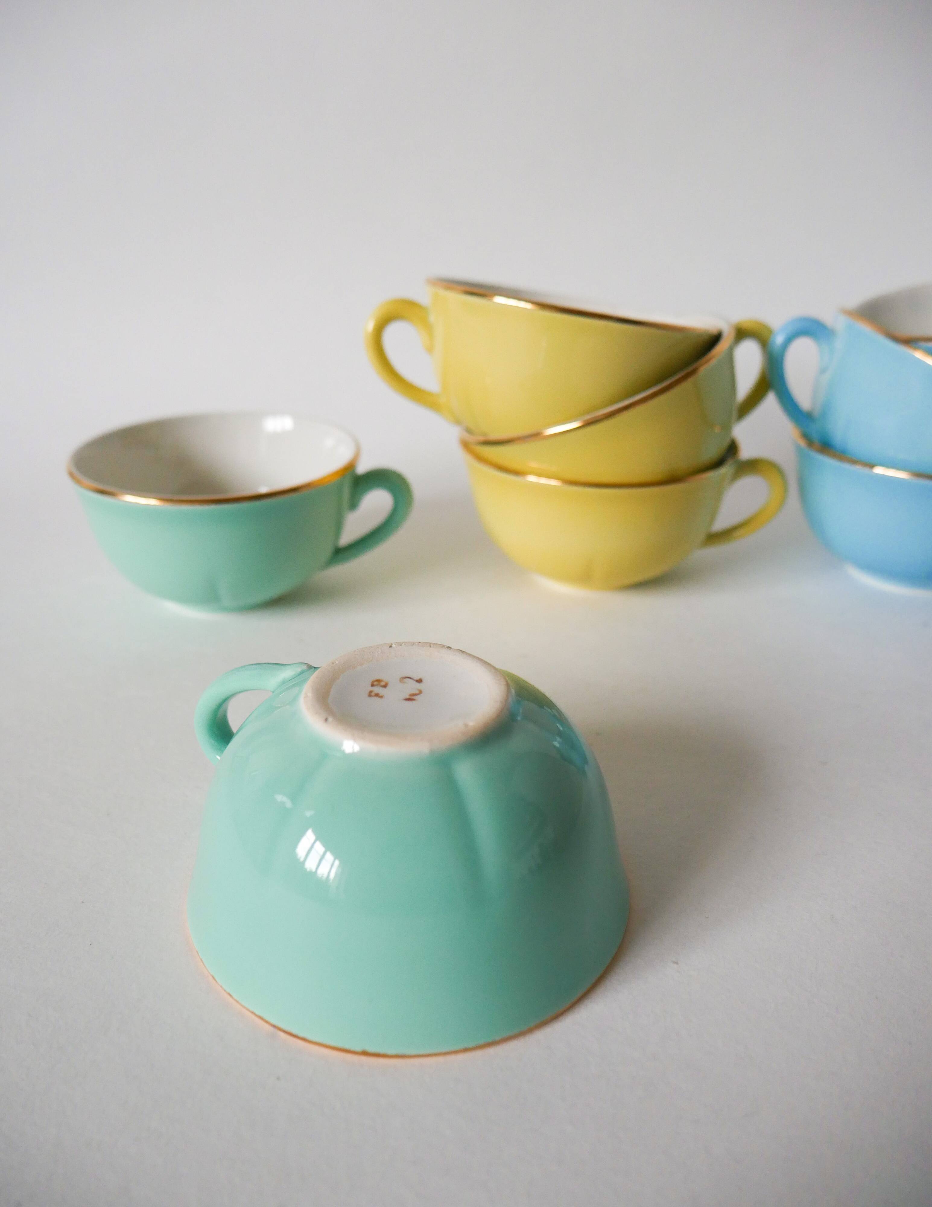 Set of 6 coffee cups fb badonviller pastel yellow green blue 1950