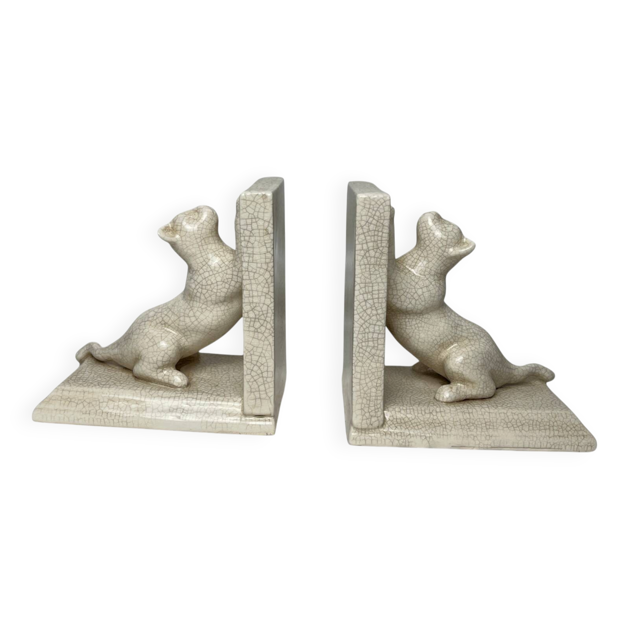 Art Deco, pair of crackled earthenware bookends featuring cats from Louvière around 1930.