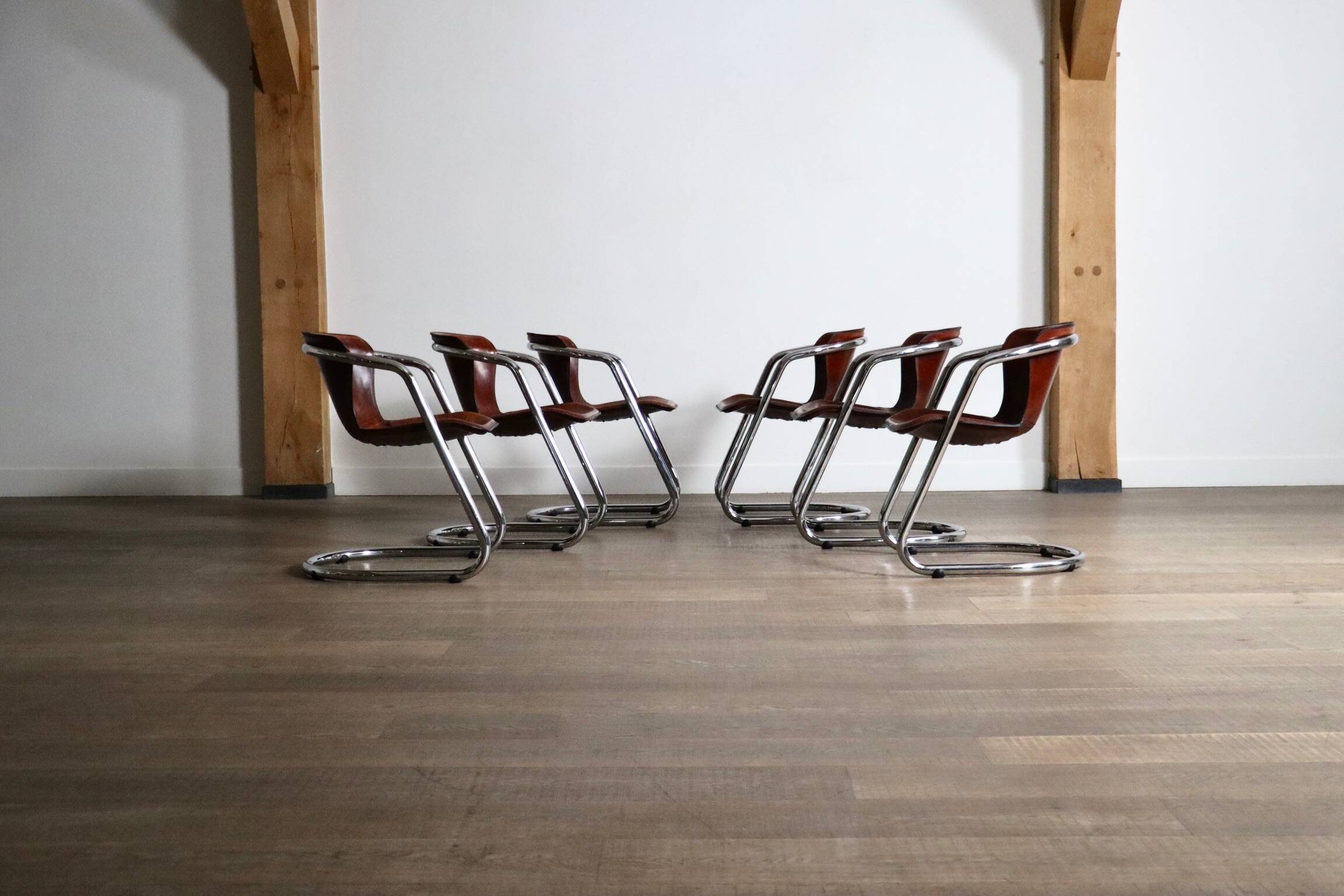 Set of 6 tubular chrome and saddle leather dining chairs for Metaform, 1970