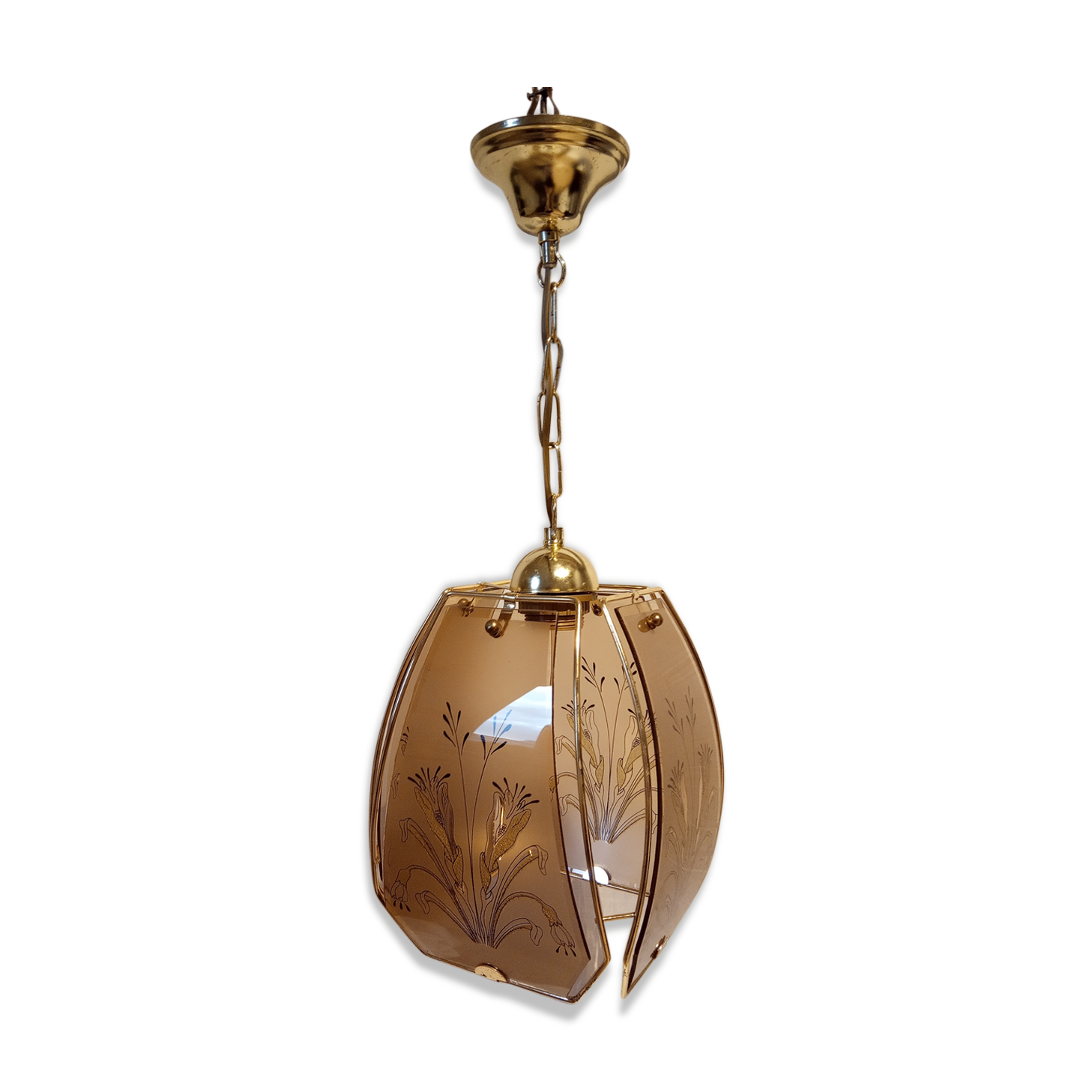 70s painted smoked glass and brass hanging lamp