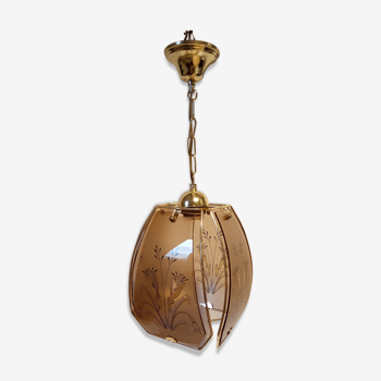 70s painted smoked glass and brass hanging lamp