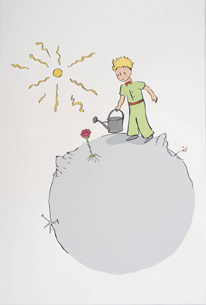 Antoine de Saint-Exupéry: The Little Prince waters his rose, lithograph.