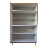 Vintage bookshelf in oak veneer, pearl grey interior, metal legs.