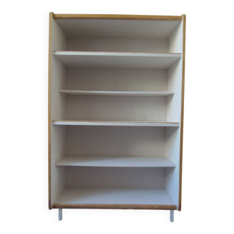 Vintage bookshelf in oak veneer, pearl grey interior, metal legs.