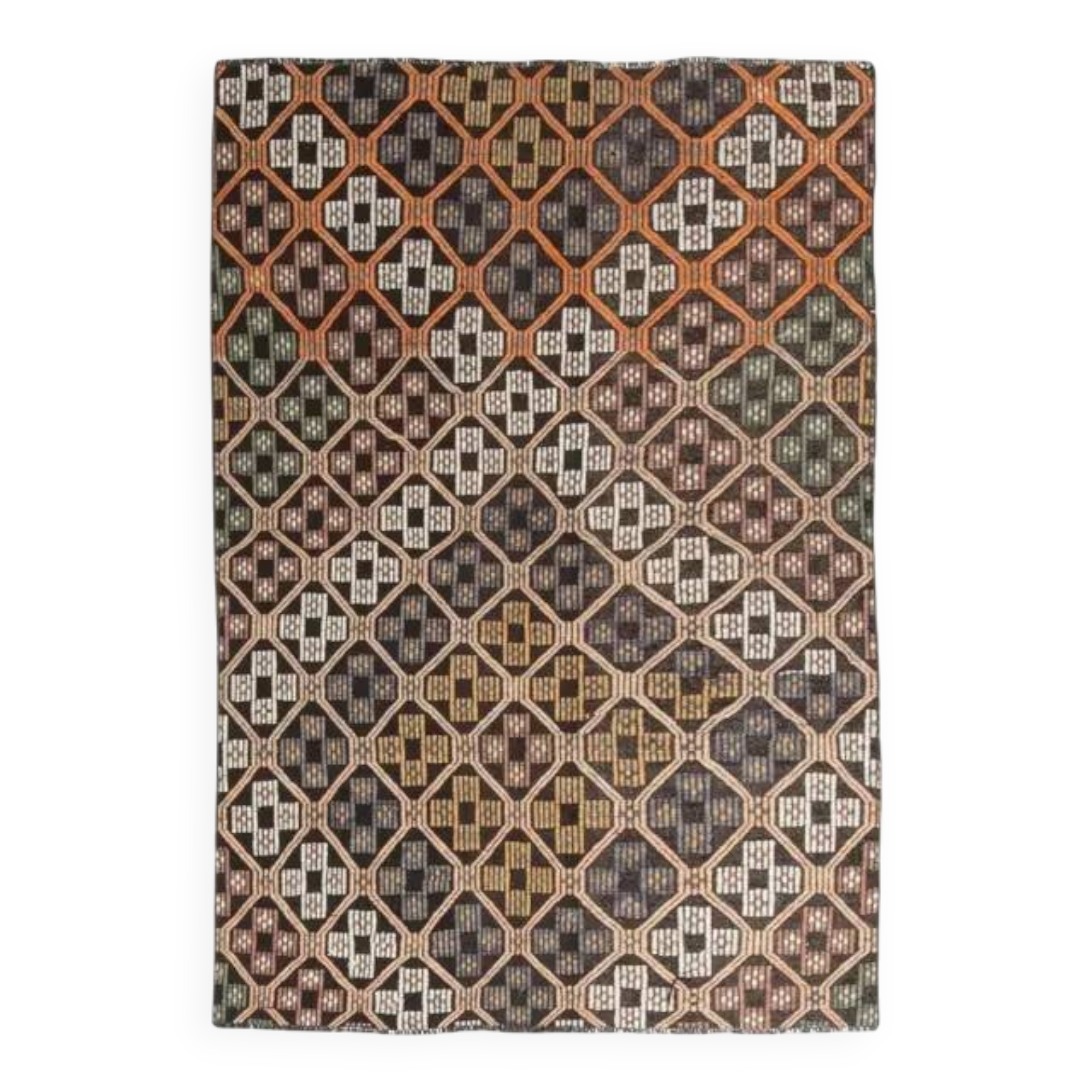 Brown Orange Handmade Vintage Turkish Kilim Area Rug  112x159