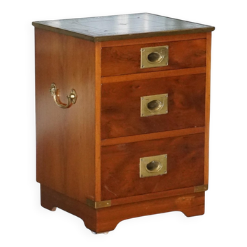 Yew Wood Nightstand Military Campaign with Green Leather Top