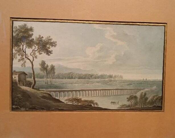 Old watercolour on paper from the early 19th century – landscape with aqueduct