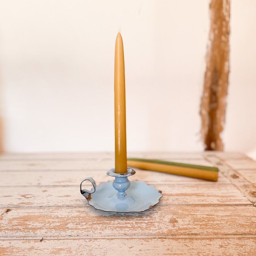 Blue enameled sheet metal candle holder