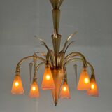 Venetian chandelier in beige/gray murano glass bordered with a red net