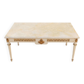 Louis XVI coffee table with a white marble top.