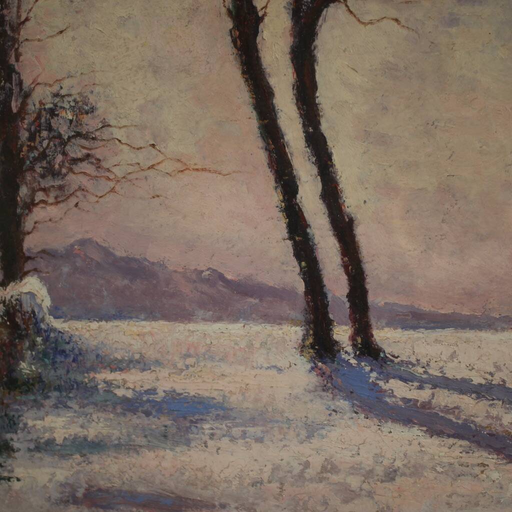 Peinture de paysage enneigé italien signée et datée de 1932.