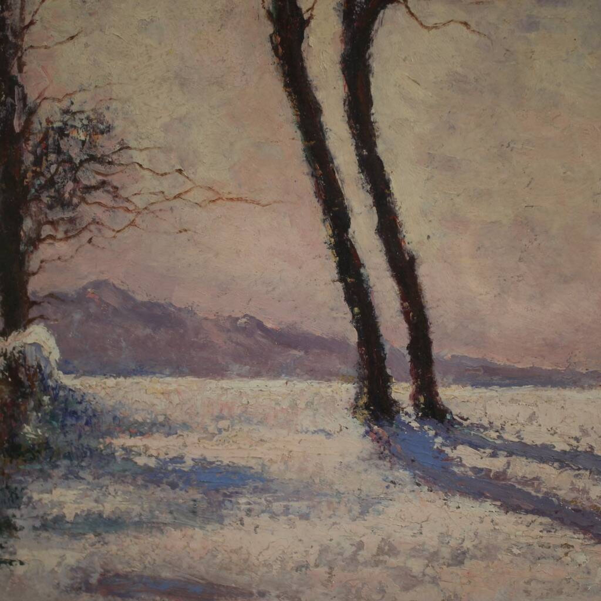 Peinture de paysage enneigé italien signée et datée de 1932.