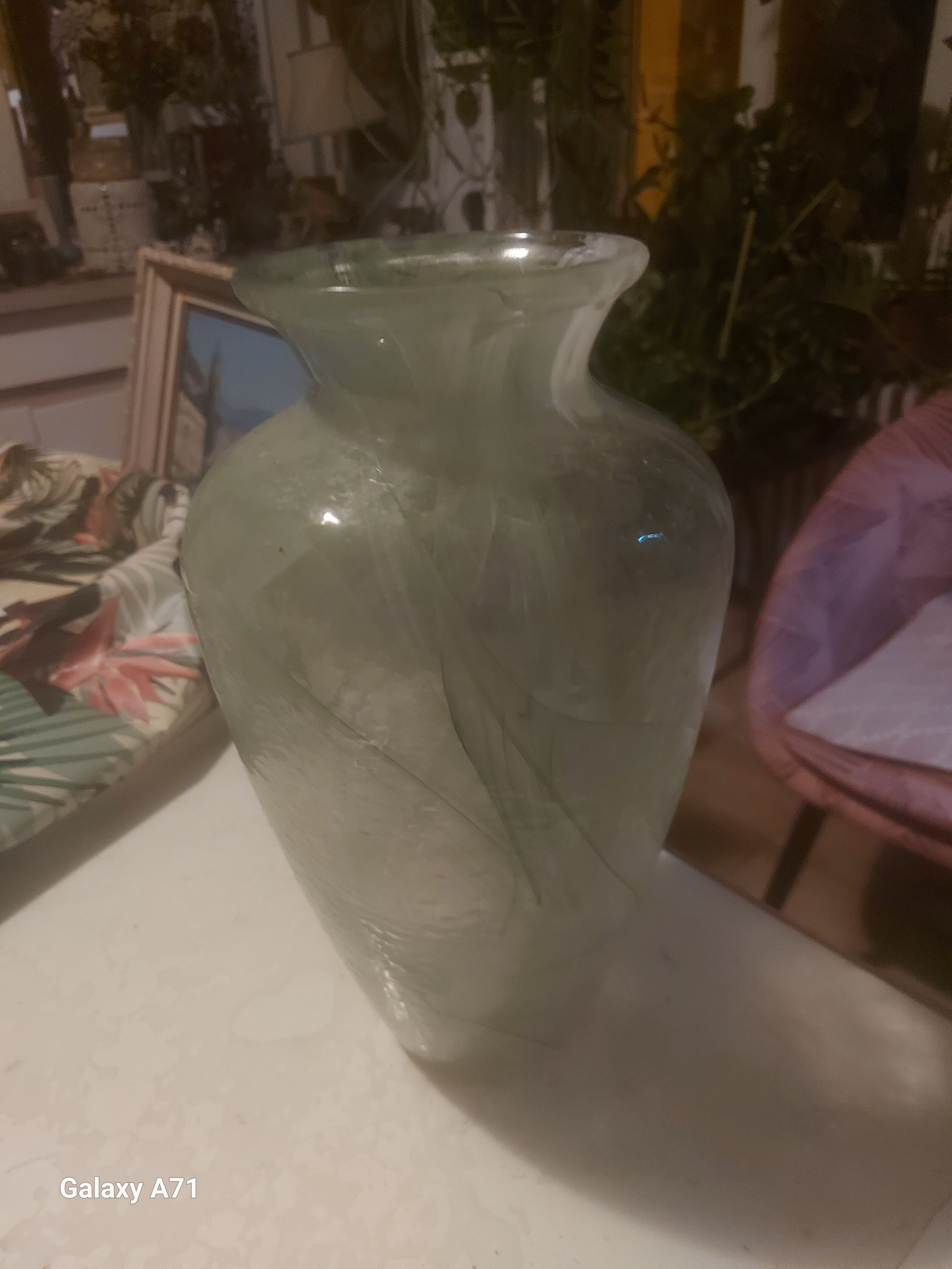 Frosted green and white glass vase