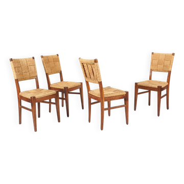 Audoux & Minet - Set of 4 vintage oak and rope chairs, circa 1950