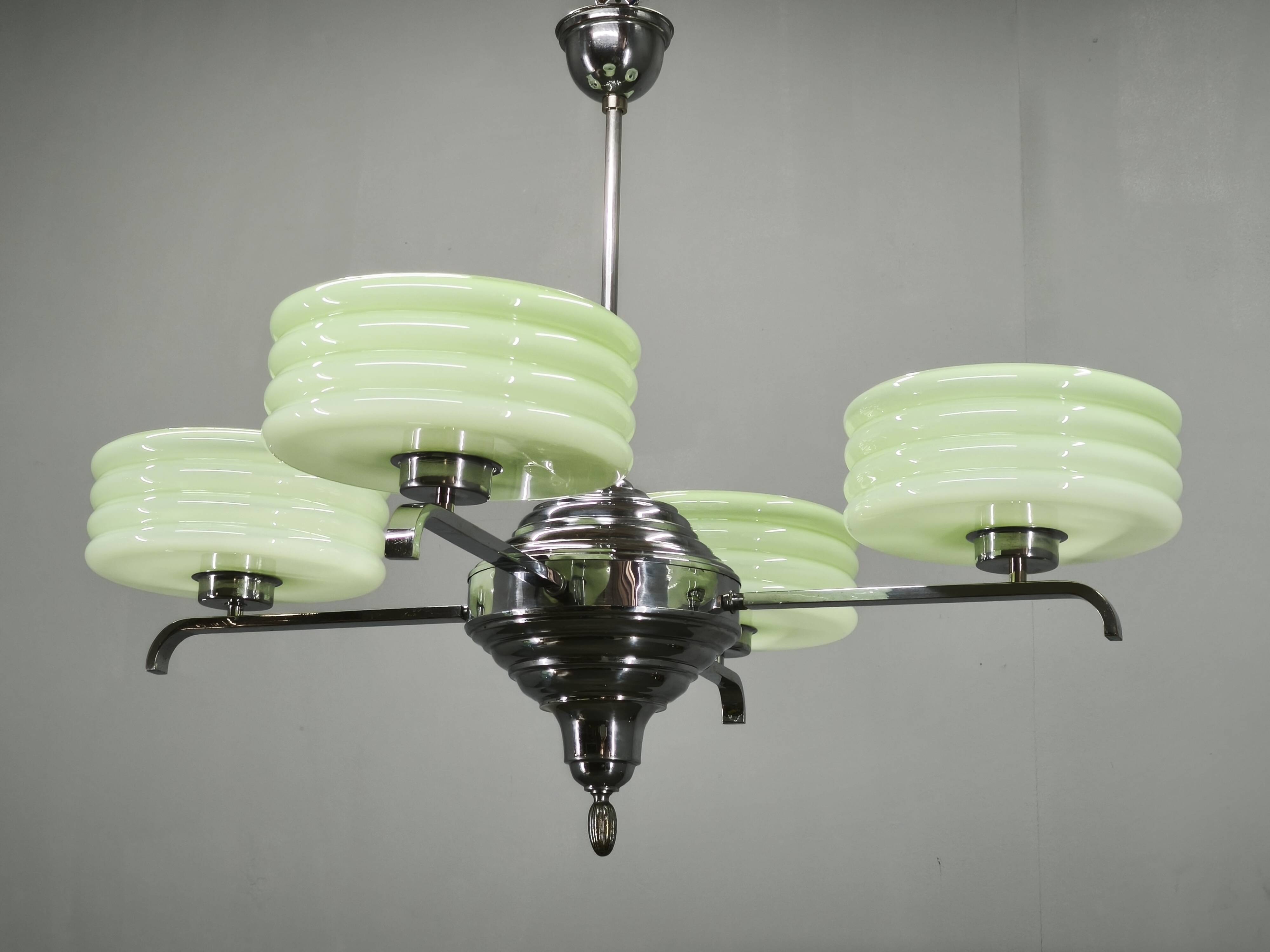 Art Deco Green Opaline Glass Chandelier, Czechoslovakia 1930s