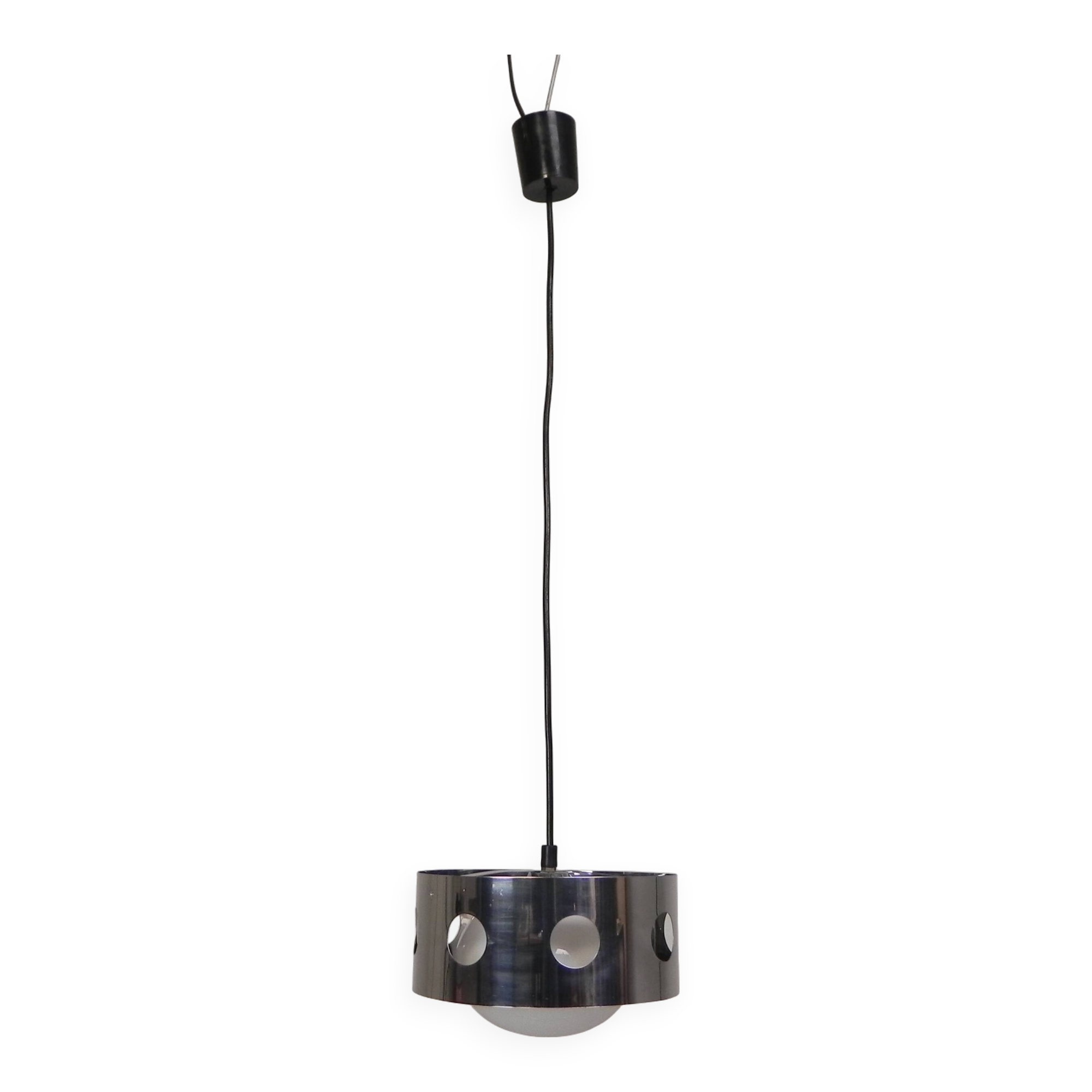 Vintage pendant lamp with chrome cylinder and glass globe