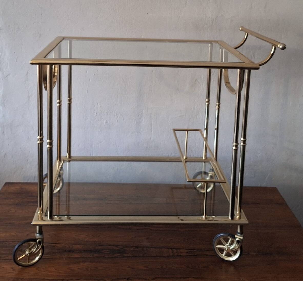 Hollywood Regency gilt brass bar cart drinks trolley, 1970s