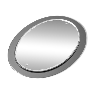 Vintage oval mirror with bevelled edge and smoked border, 1960s modernism