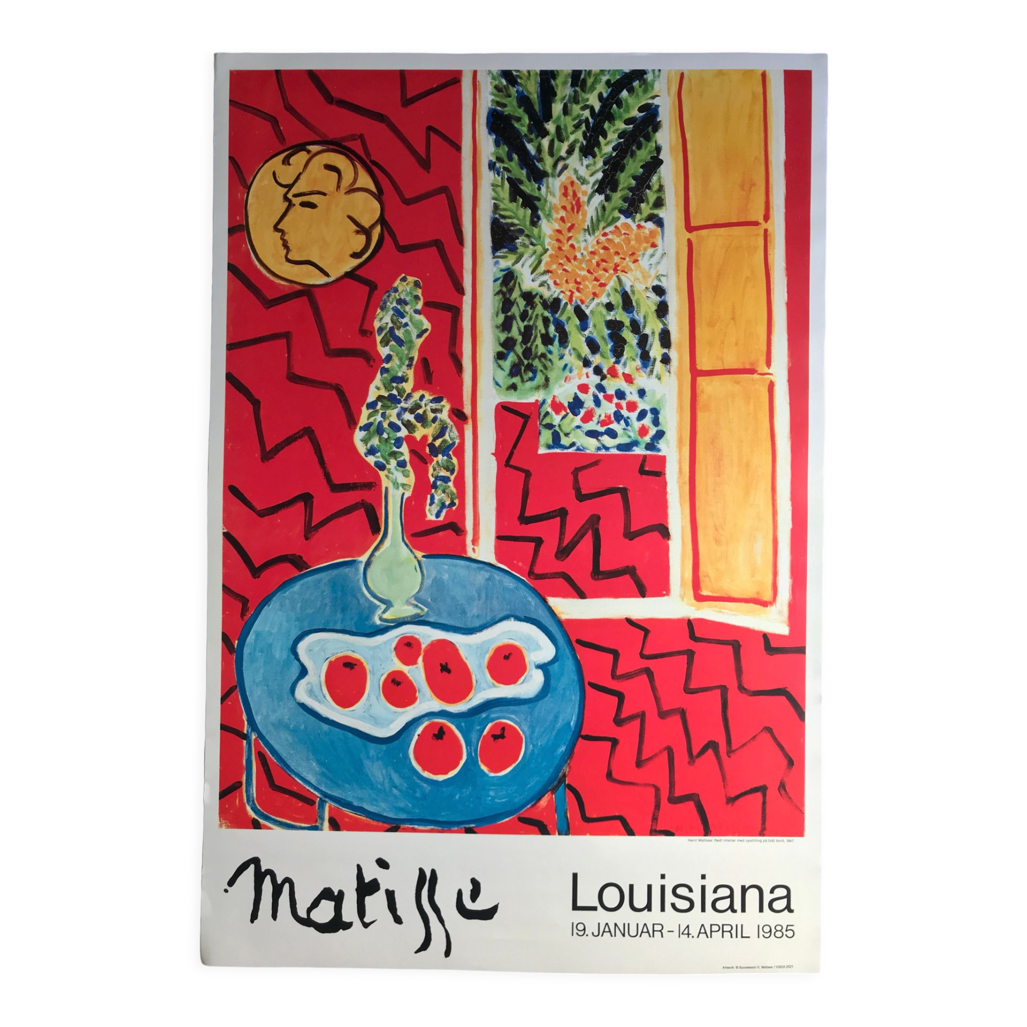 Original poster exhibition henri matisse, red interior, still life on blue table, 1947-1985
